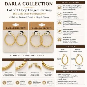 Darla Collection 22K Gold‎ Plated Hoop Earrings Set 2 Pairs Textured Diamond Cut